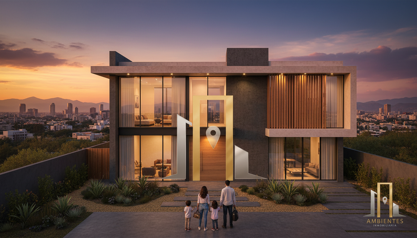 Modern house with a family walking towards it at sunset in Guadalajara, Jalisco