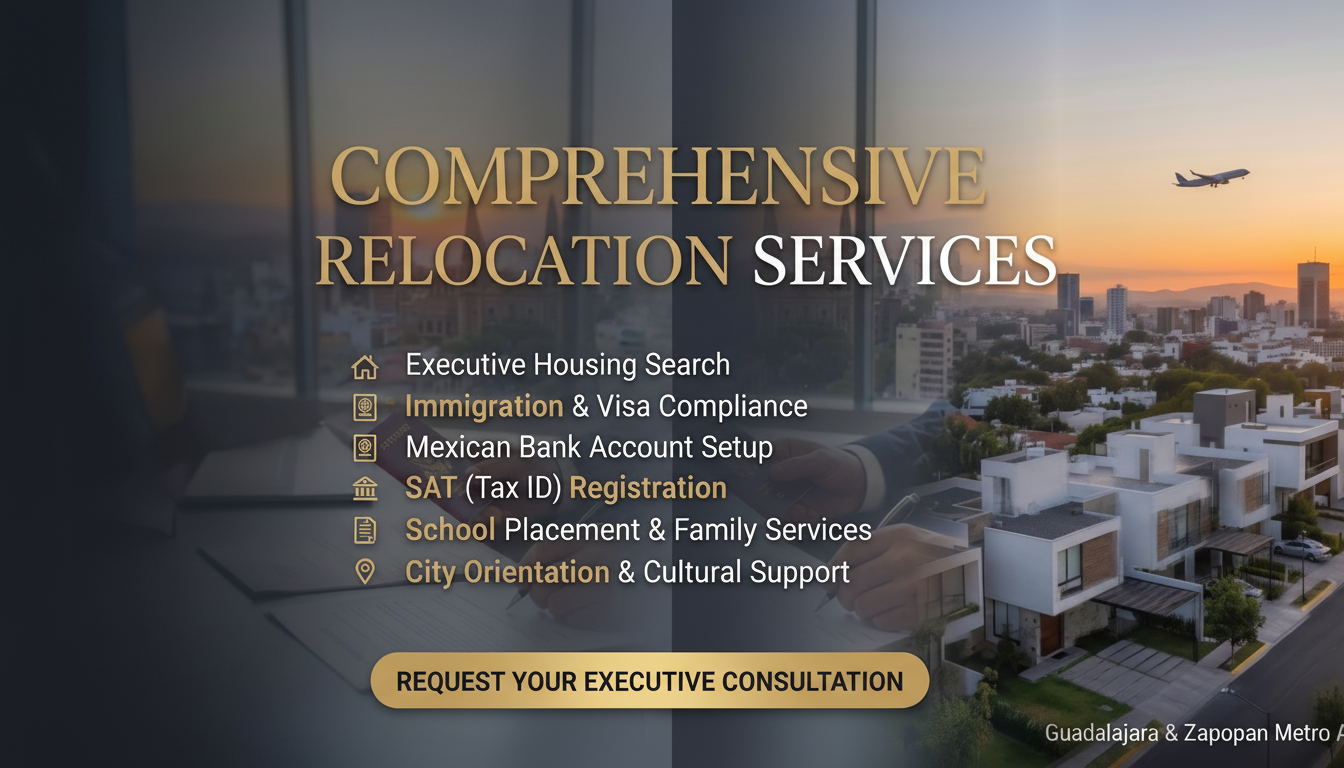 Advertisement for comprehensive relocation services with a cityscape background.